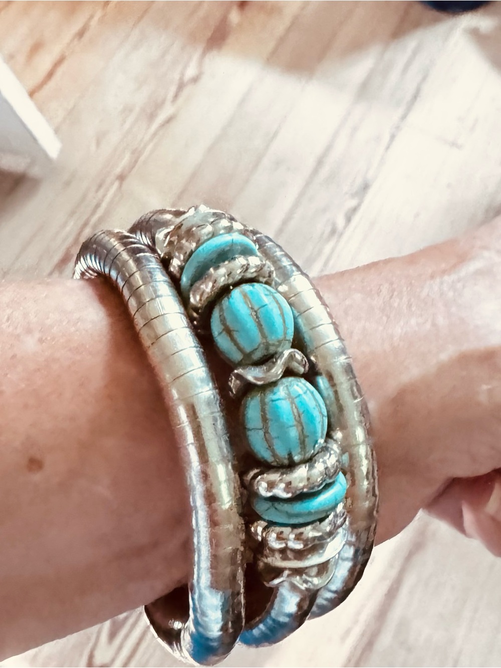 Turquoise Bead Coil Bracelet with Antique Silver Finish